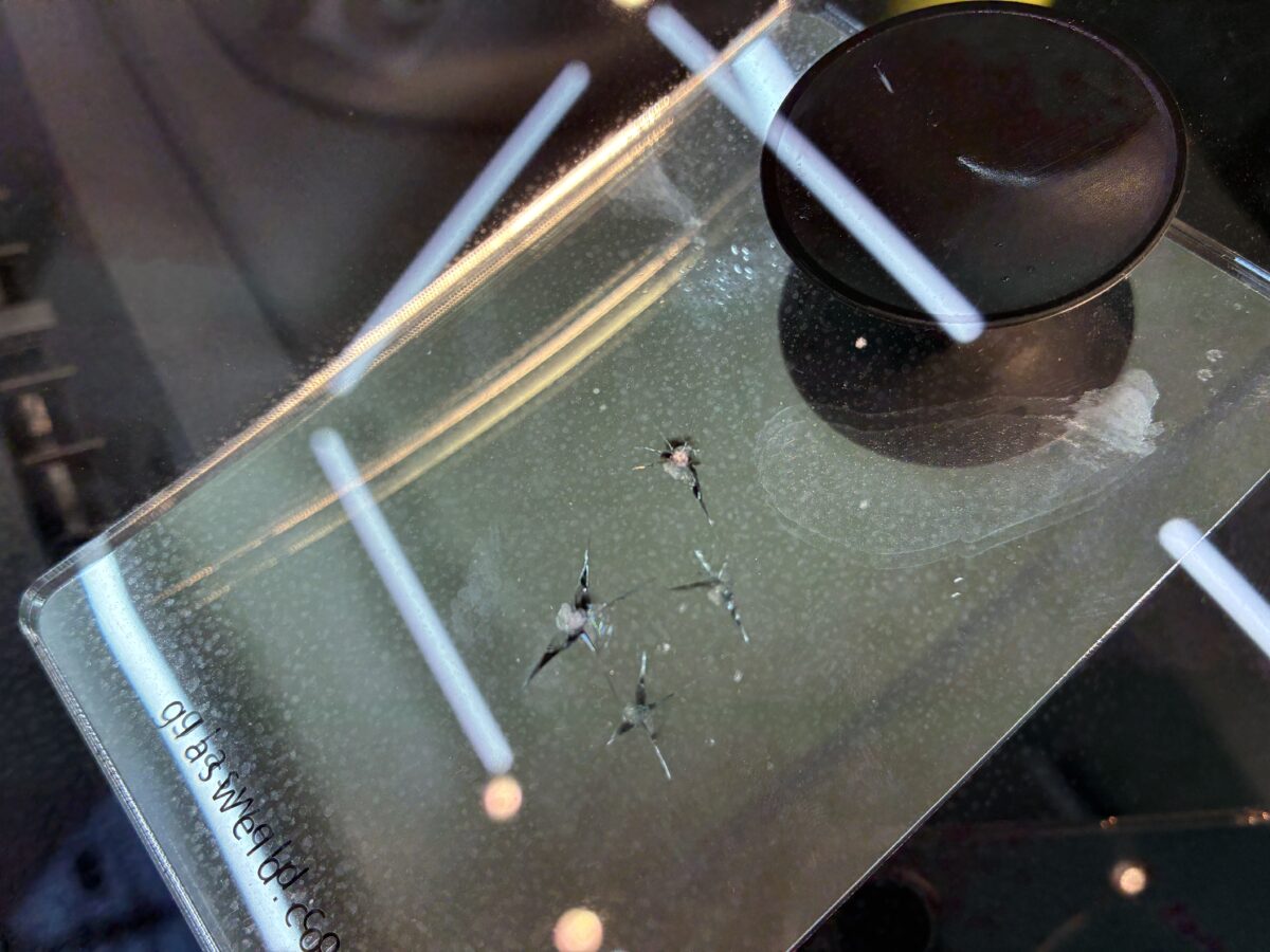 フロントガラスに2カ所の飛び石傷